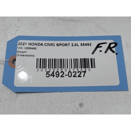 HONDA CIVIC FRONT PASSENGER SIDE FENDER LINER SPLASH GUARD SHIELD OEM 2019-2021